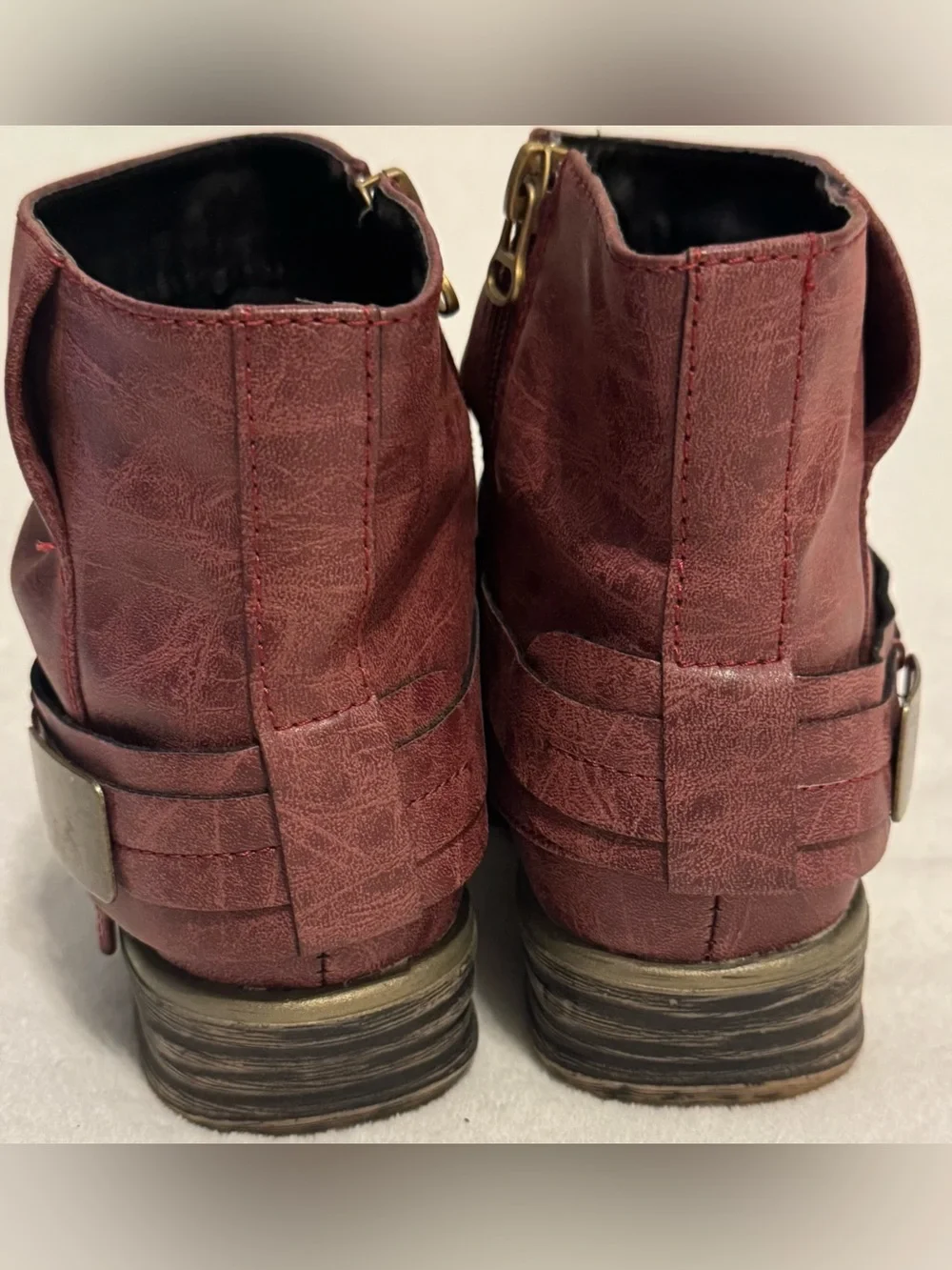 French Blu Women's Burgundy Leather Ankle Boots Studded Strap Size 6.5 / EU 37